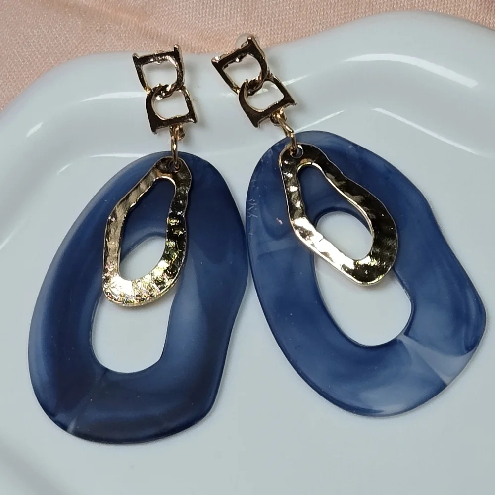 Navy Blue Geometric Acrylic Earrings Gold Abstract Statement Bold Modern Jewelry